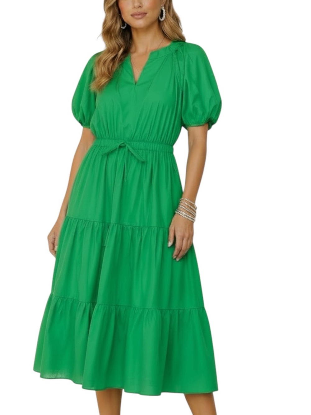 NWT ANNE KLEIN Green Puff Short Sleeve V-Neck Tiered Ruffle Dress Size Small